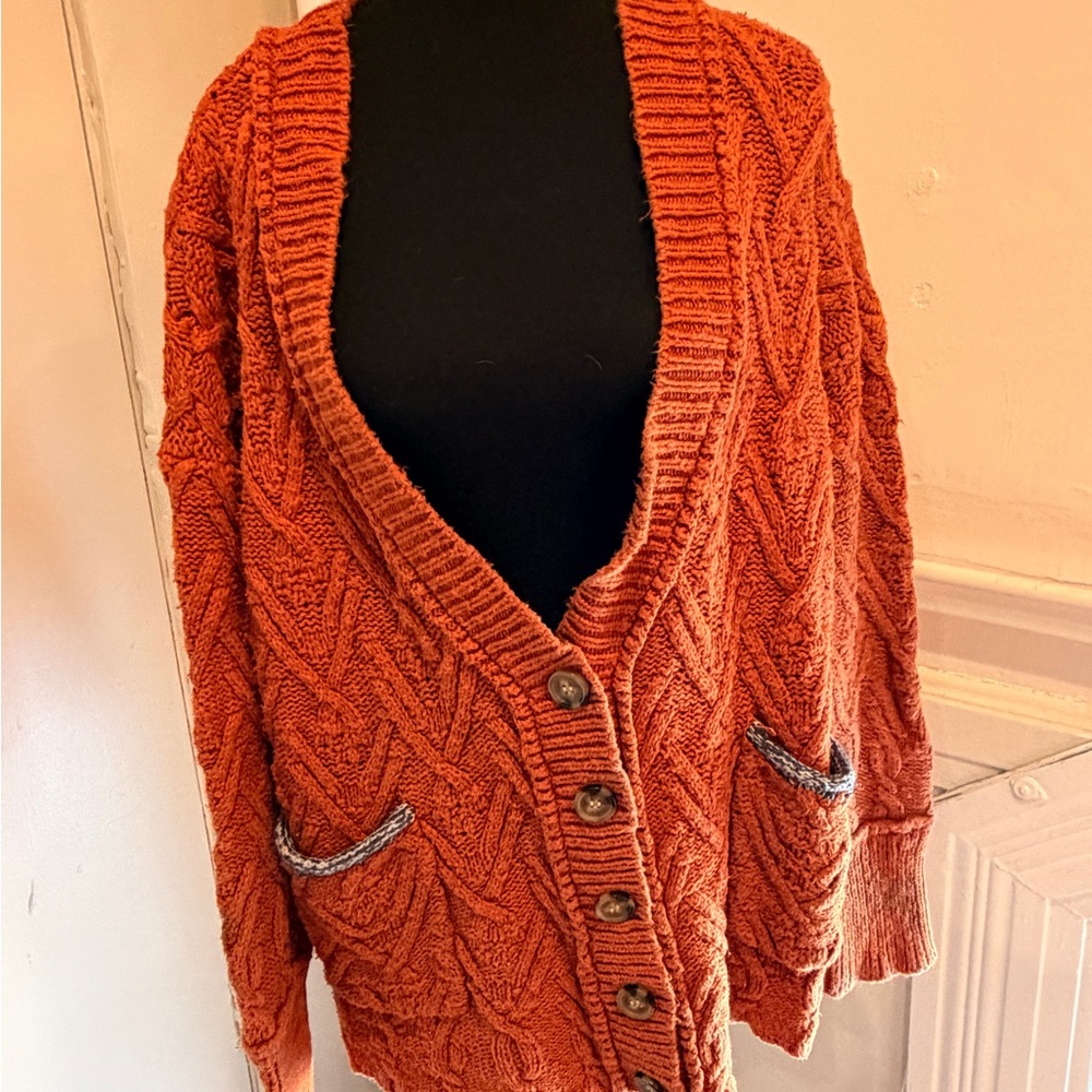 Free people Rust Orange Cable-Knit Button Front Women's Sweater Cardigan